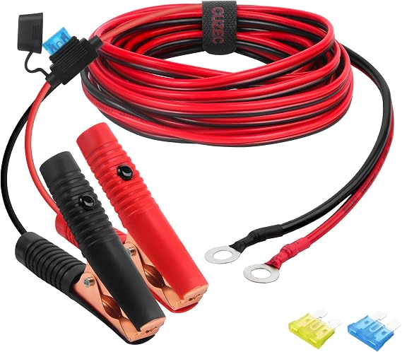 CUZEC 10.5FT/3.2m 16 AWG Extension Cord Eyelet Terminal with Battery Clamp 12V/24V Battery Clip-On for High-Power Inverter and More