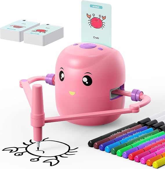 Drawing Robot for Kids,Montessori Educational Painting Toy for 5+ with Voice Interaction&16 Color Pens,Magic Drawing Robot with 100 Learning Word Cards, Suitable for 5+ Year Old Boys Girls (Pink)