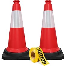 Berry 75CM Traffic Cones with 2” x 50 meter Caution Tape | High Visibility Safety Cone with Reflective and PVC Black Base, 30 Inch PE Portable Road Cones for Street (Set of 2)