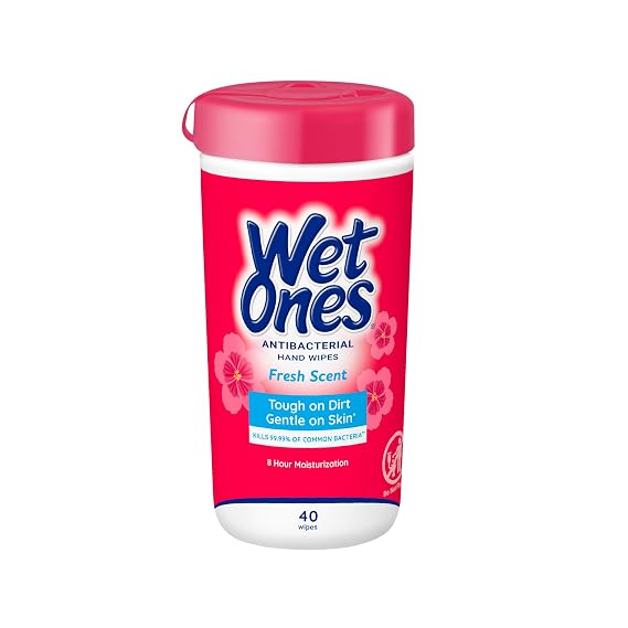 Wet Ones Antibacterial Hand Wipes, Fresh Scent, Packaging May Vary, White, 40 Count | Hand sanitizer wipes, Click-top canister lid, Made with aloe, Hypoallergenic, Paraben free, No sticky residue