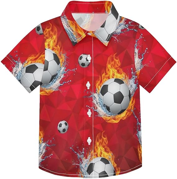 Soccer Balls Flames ボーイズ ボタンダウンシャツ ソフト 通気性 生地 快適フィット カジュアル スクールやプレイウェア