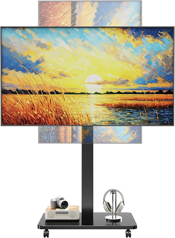 TV Stand on Wheels for 10-46 inch TVs up to 40kg, Black | Height Adjustable, 90° Rotating, Cable Management, Portable TV Stand with Wood Base, Max VESA 200x200mm