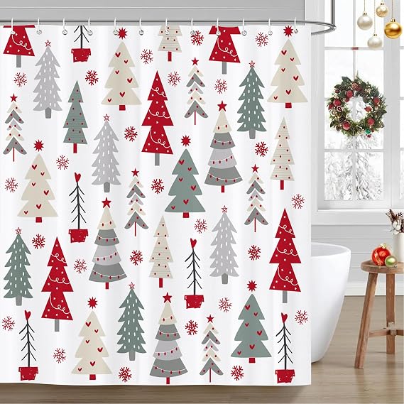 JOOCAR Christmas Shower Curtain Xmas Tree Red Stars Snowflake Winter Holiday Bathroom Shower Curtains for Bathtub Decoration with Hooks 72x72 Inch