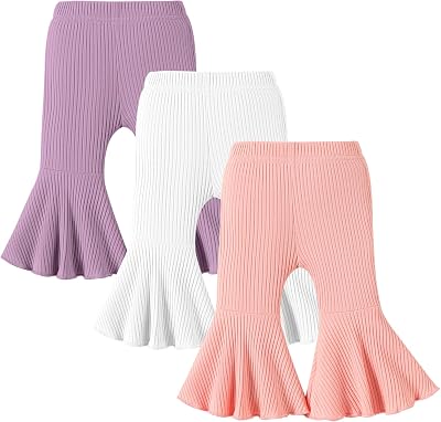 DREAM BUS 3 Pack Baby Girl Pants Toddler Leggings Solid Ribbed Cotton Baby Girls Flare Pants Toddler Bell Bottoms