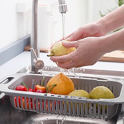 Collapsible Colander Strainer Basket, Adjustable Over the Sink Kitchen Strainer, Extends 13.6 to 17.7, Fits Most Sinks, Ideal for Washing Vegetables, Fruits, Pasta Blue-gray