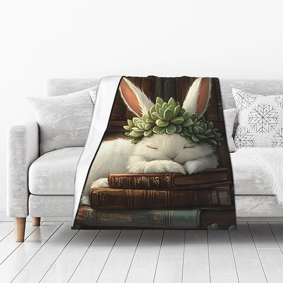 Literary Rabbit nap Flannel Blanket, Sweet Bunny Sleeping on Books Design, Plush Hypoallergenic Fleece, Perfect for Bookworms, Couch,Bed,Reading Nook Snuggles,Gifts for Family 40x50 Inch