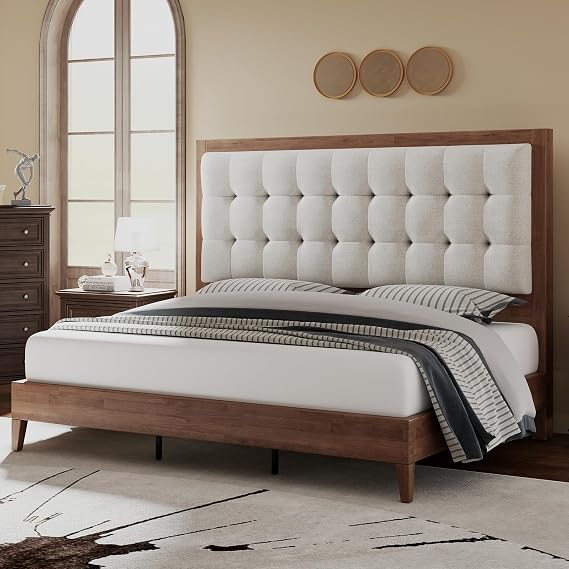 Jocisl Bed Frame Solid Wood,50" Tall Upholstered Headboard,Walnut | Mid-Century Modern Design,Linen Tufted Headboard,Wood Slats,No Box Spring Needed,Stable Platform Support,Noise-Free Sleeping