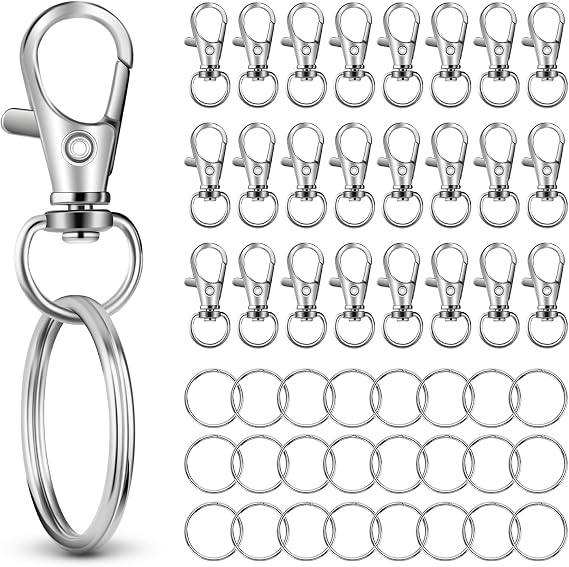 50 PCS in 25 Sets, Metal Swivel Lobster Claw Clasps, Keychain Clip with Large Key Ring, Premium Keychains Clips, Snap Hooks and Sturdy Key Rings, for Key Chain Making Kit,HnoaTovy (Silver)