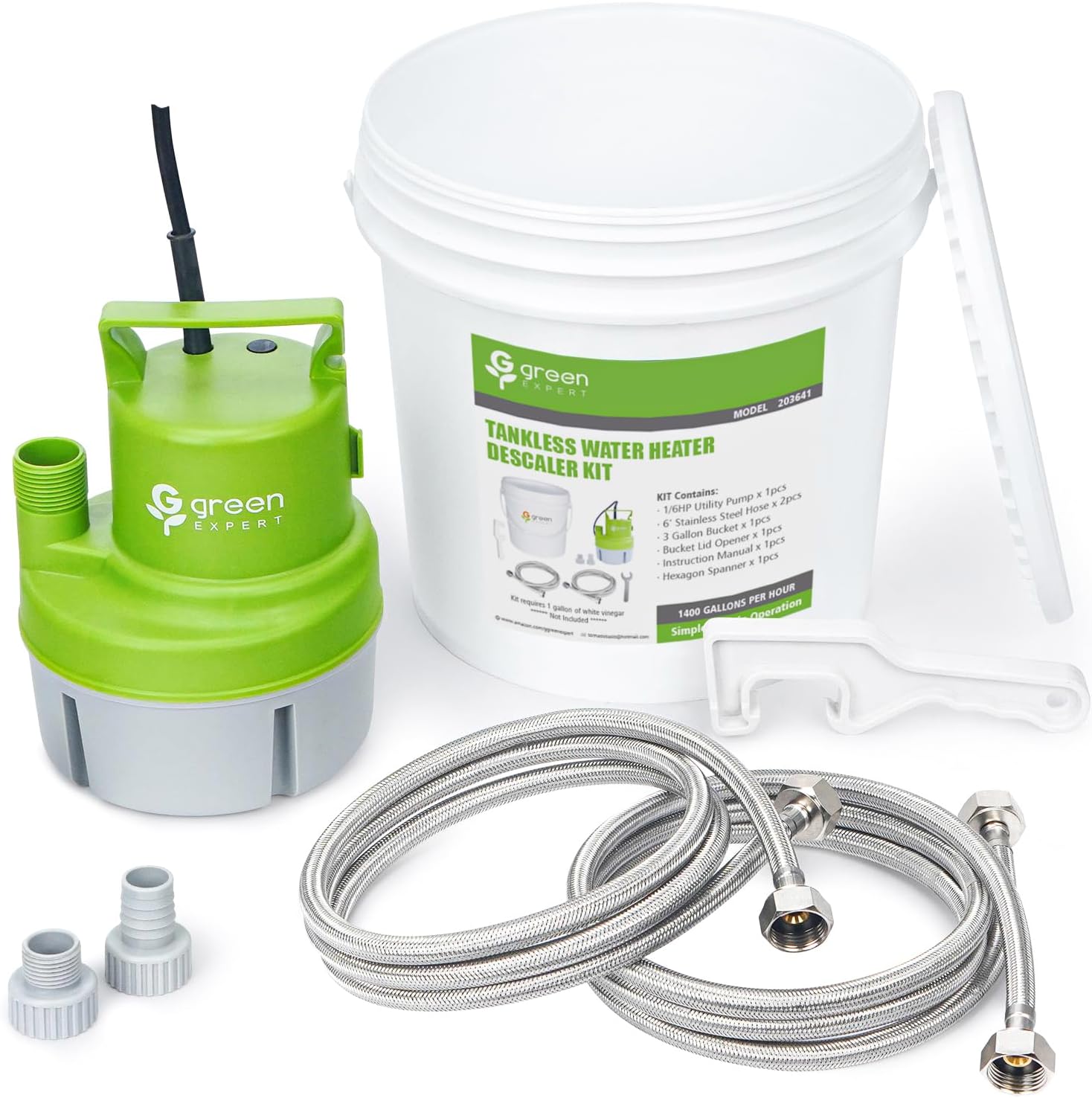 Green Expert Tankless Water Heater Flushing Kit Includes 16HP Efficient Utility Pump 3 Gallon Pail 2Stainless Steel Hoses and Open End Wrench for Quick Install Easy to Start Anti-corrosion Upgraded