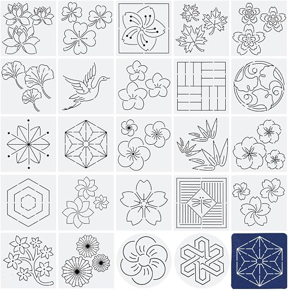 FREEBLOSS 24Pcs Sashiko Stencil Set PET Sashiko Templates Square Embroidery Template Sashiko Kit Sashiko PET Stencil Kit Embroidery Pattern Stencil for Quilting Drawing Line 5.5"*5.5"