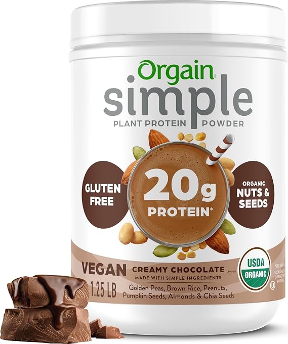 Orgain Organic Simple 20g Vegan Protein Powder, Chocolate, 1.25lb | Plant based protein made with less ingredients, no artificial sweeteners, gluten free, no dairy, packaging may vary