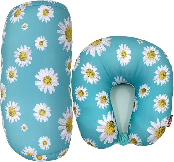 Bookishbunny 2pcs Micro Bead Set U Shaped Neck Travel Pillow 12" x 12" x 4" and Roll Back Pillow Cushion 13" x 7", Various Designs (Daisy Teal)