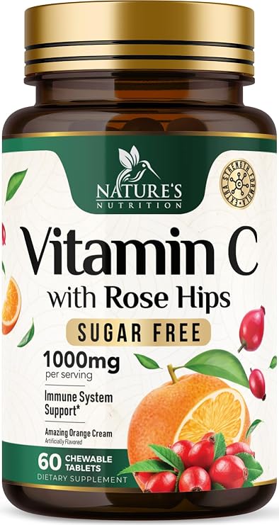 Vitamin C 1000mg Chewable - Sugar Free, Natural Immune Support Supplement with Vitamin C & Rose Hips Bioflavonoids - Extra Strength Antioxidant, Powerful Vit C Chews, Tasty Orange Flavor, 60 Tablets