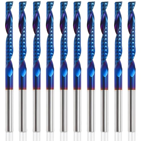 HQMaster 10 Pack O Flute CNC Router Bit 1/8 Shank Spiral Upcut Router Bit Single Flute End Mill Set Milling Cutter 1/8" Cutting Dia Tungsten Carbide Engraving Tool for MDF Acrylic PVC Wood Board