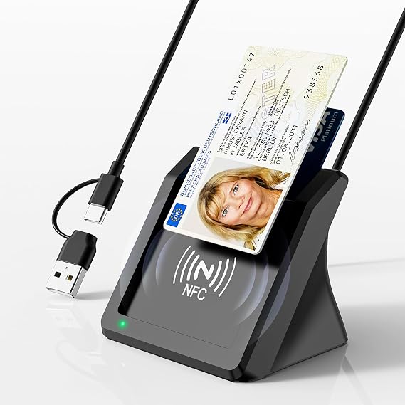 2-in-1 USB-A+USB-C Smart Card Reader with NFC Smart Card Reader for New ID Card Bank Cards DOD Military Card Reader USB Smart Card Reader Compatible with Windows/Linux/Android/PC/Laptop