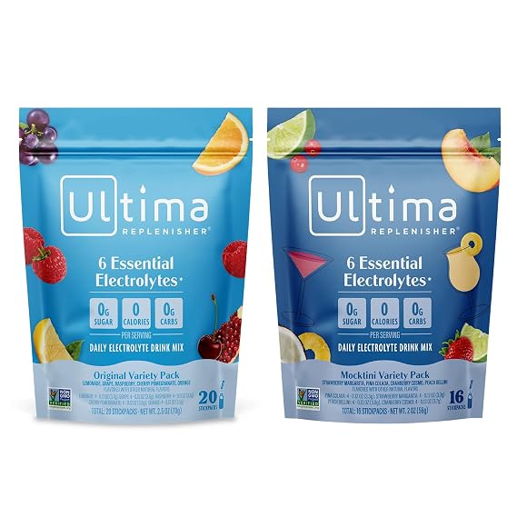 Ultima Replenisher Daily Electrolyte Powder Drink Mix Sugar Free Mocktini Variety and Original Variety, 36 Stickpacks Hydration Packets with 6 Electrolytes and Minerals Keto, Non-GMO