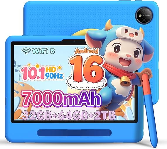 P10 Kid Kids Tablet with Silicone Case & Stylus Pen, 10 inch tablet Android 16 Tablet for Kids Ages 3-12 Years, 90Hz 32GB+64GB/TF 2TB, Gemini AI, Parental Controls, WiFi/Bluetooth/OTG/3.5mm jack, Blue