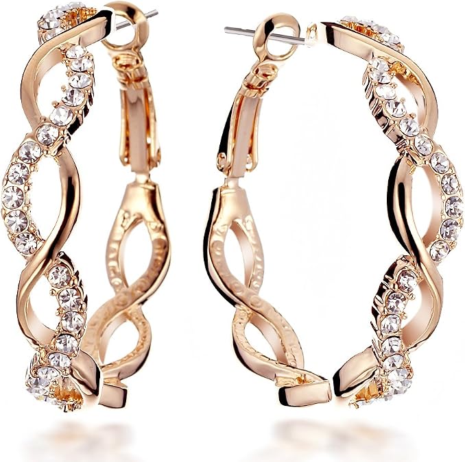 Gemini Women 18K Rose Gold Plated Crystal Round Big Hoop Pierced Earring birthday Gift Sz 4cm Diameter