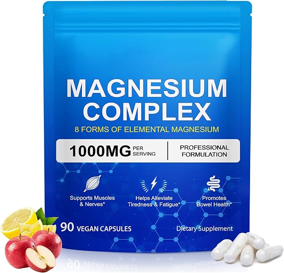 Magnesium Complex 8-in-1,1000mg High Potency with 8 Essential Forms,Magnesium Capsules for Muscle, Nerve & Bowel Support, Relief Fatigue,90 Capsules