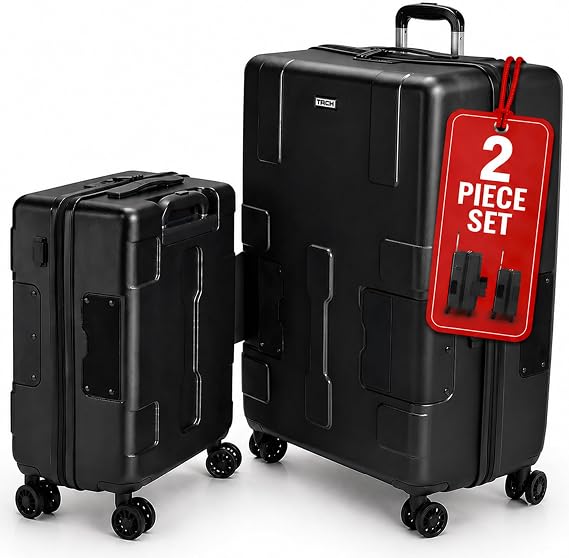 TACH Patented Connecting Hard Shell 2 Piece Luggage Set - 20 & 28 inch Luggage | Large & Carry-On Rolling Suitcases - Black