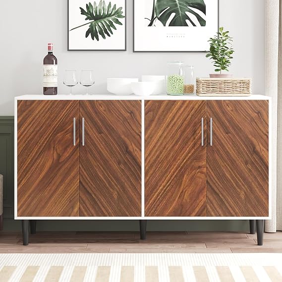 White Buffet Sideboard Cabinet with Storage, 58 Kitchen Buffet Storage Cabinet with 4 Doors, Modern Buffets and Sideboards with Adjustable Shelf, Mid Century Credenzas for Living Dining Room