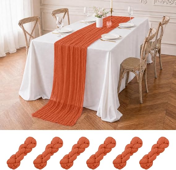 6 Pack Burnt Orange Cheesecloth Table Runners, 35x120 Inch
