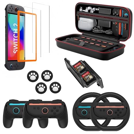 Switch 2 Game Accessory Set for Nintendo(2025), Family Switch 2 Accessories Bundle includes portable shockproof case, Mario Kart Steering Wheel, Grip for Joycon, Enjoy Gaming to the Fullest