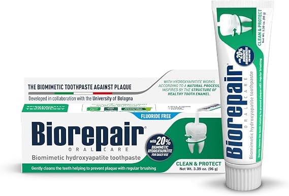 BIOREPAIR Clean & Protect - 20% Hydroxyapatite Toothpaste for Daily Use, Fluoride Free - Helps Prevents Plaque and Tartar Formation, Oral Care for Adults and Kids, 3.39 Oz, Made in Italy