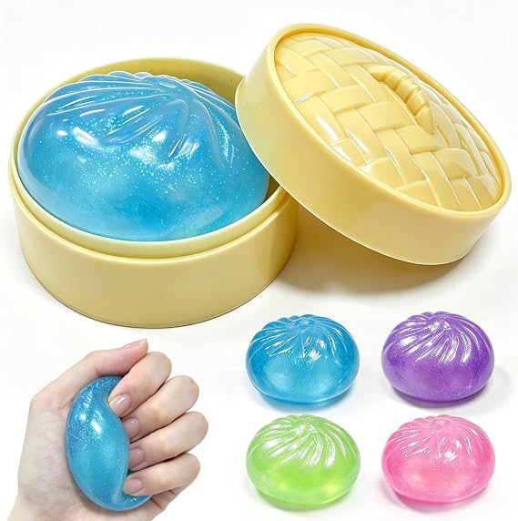 Glitter Dumpling Squishy, 2.1 Inch Cute Little Dumpling Squishy Mystery Box Hand Toys with Food Steamer, Soft Squeeze Decompression Dough for Anxiety Relief Fidget Random(1pack)