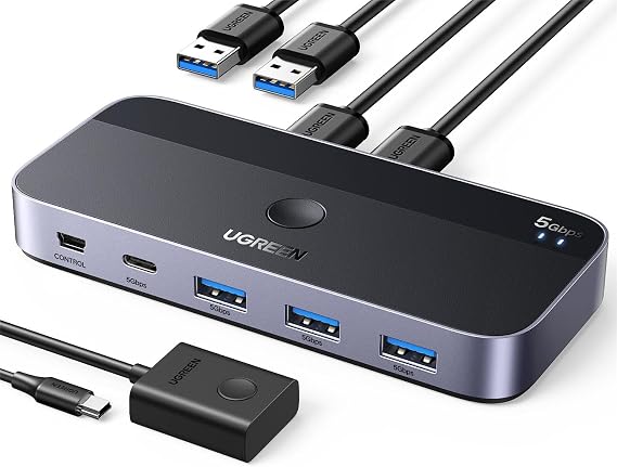 UGREEN USB 3.0 Switcher, Supports 2 PCs, USB-C & A Devices, 5 Gbps, High Speed Transfer, USB Switching, Printer / Mouse / Keyboard, Hub and More, Remote Control & Switch Button, Switcher, 2 USB Cable