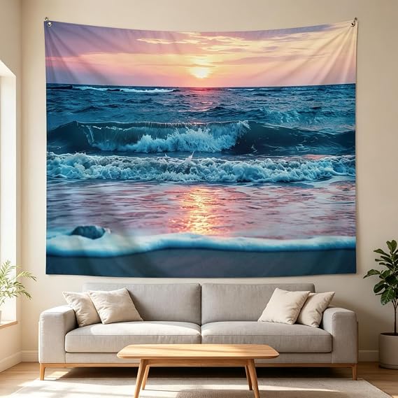 IcosaMro Ocean Tapestry Wall Hanging, Sea Beach Wave Sun Cloud Landscape Scenery Nature Wall Art [Double-Folded Hems] Bohemian Home Decor for Bedroom, Dorm, College, Living Room, 51x60, Blue
