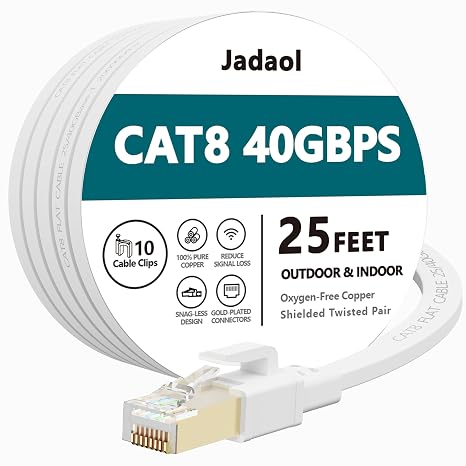 Jadaol Cat 8 Ethernet Cable 25 ft, 40Gbps 2000MHz Flat RJ45 S/FTP LAN Patch Cable, High-Speed Cat8 Network Cable for Router, Modem, Switch, Gaming Consoles, PC, Home Network & Streaming Devices, White