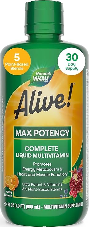 Nature's Way Alive! Max Potency Complete Liquid Multivitamin, 30.4 Fl Oz | Liquid Vitamin Promotes Energy Metabolism, Heart & Muscle Function* with Vitamins A, B, C, D, Multivitamins for Women & Men