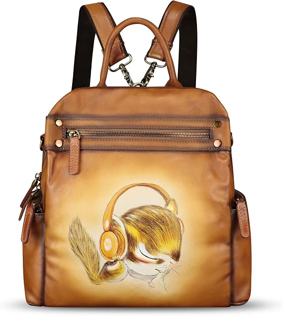 Genuine Leather Backpack for Women Hand Painted Knapsack Purse Handmade Rucksack Casual College Bag Convertible Daypack (Pattern1)