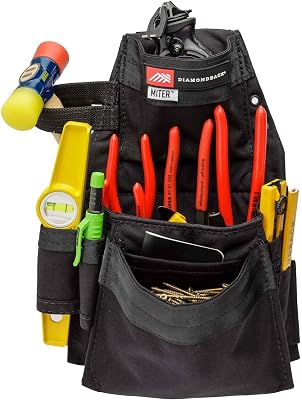 The Diamondback Miter Tool Pouch - Clip-On Tool Belt Pouch with 3 Pockets, 7 Slots, 3 Loops- Lightweight Belt - Durable Tool Pouch with Belt Clip 15.25x10.25, 1 lb Black