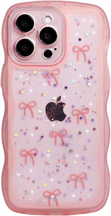 Qokey for iPhone 16 Pro Max Case, Glitter Star & Curved Edge Handle Grip Design, Military-Grade Shockproof Clear TPU Cover, Sparkle Protection Scratch-Resistant, Holographic Pink Bow