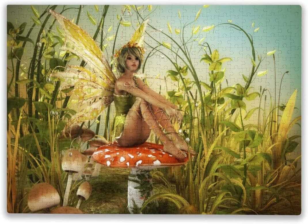 Jigsaw Puzzle,Little Fairy Elf with Wings Flying and Mushroom in The Enchanted Forest Birds Party,Fun Indoor Activity Perfect for Relaxing Games Puzzle Art,300PC