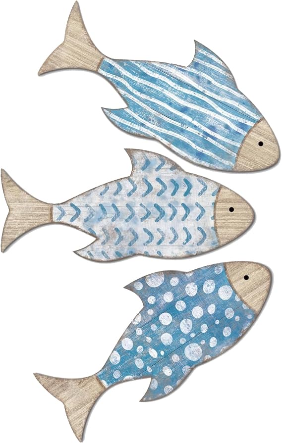 Set of 3 Wooden Fish Wall Art,Ocean Themed Blue Gradient Wooden Fish Decor Vintage Blue Fish Hanging Sculptures Nautical Coastal Wall Art Decor for Coastal, Nautical Bathroom & Living Room Wall