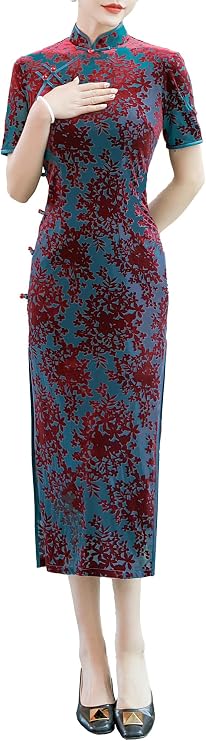 Womens Luxury Flocked Velvet Floral Print Chinese Dress
