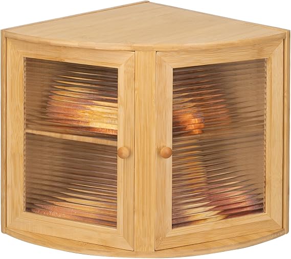 Corner Bamboo Bread Bin Double Decker Kitchen 12.6"x12.6"x13.4" Natural | Leader Accessories 2 Tier Breadbin with drop-down