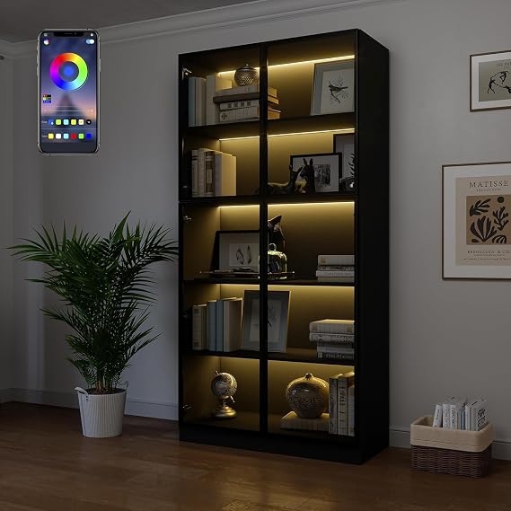 Bobve 78.7" Display Cabinet with 4 Glass Doors, 5 -Tier Storage Cabinet with APP Control LED Lights, Tall Black Bookcase with Storage, Wooden Display Case for Collectible, Living Room, Office(Black)