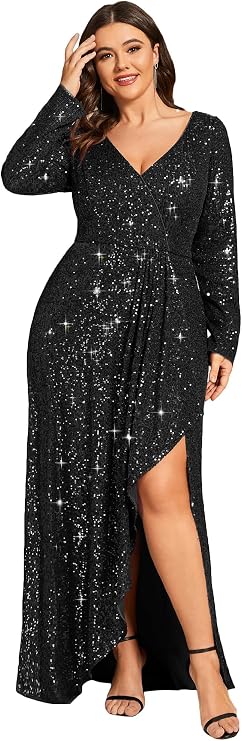 Ever-Pretty Women's Plus Size Long Sleeves Sequin Dress Formal Evening Gowns A-Line Pleated Cocktail Gala Party Dresses