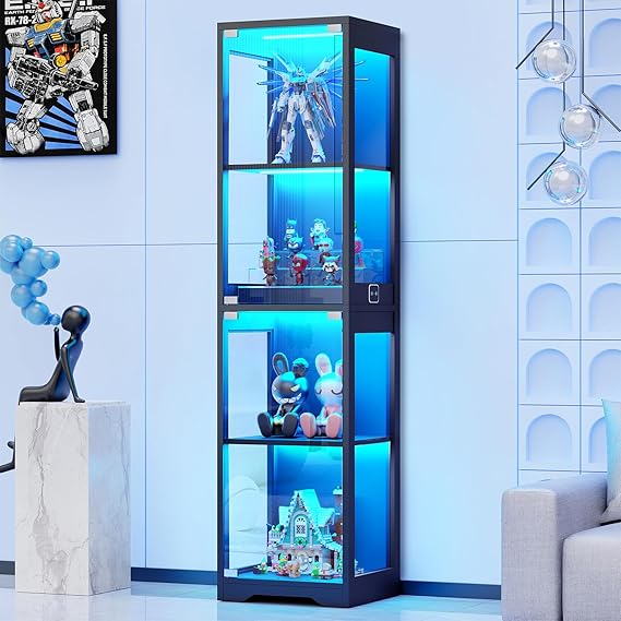 BROTTAR Display Cabinets with Glass Doors & 3 Color LED Lights,4 Tier,Black | Glass Display Cabinet with Human Body Sensor,Display Case Bookcase for Living Room,Bedroom,Playroom,Dining Room