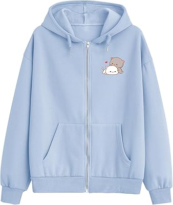 Women Kawaii Cartoon Cute Cat Graphic Casual Cotton Pullover Hoodies Sweatshirt