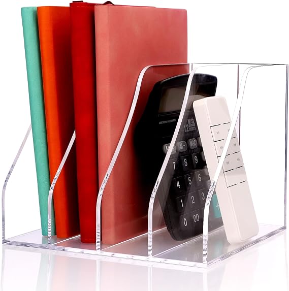 Febwind Clear Acrylic Vertical File Organizer, 4 Compartment Desk Organizer Magazine Holder, Thick Transparent Folder Rack for Documents, Books, Files for Office Home Classroom
