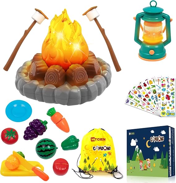 Camping Toys Play Set, Pretend Campfire, Play Food for Kids with Oil Lantern, Pretend Fruits Vegetables Cutting, S'Mores, Indoor Outdoor Toys for Toddler