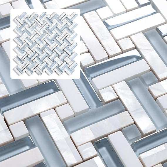 Midcard 4 Sheets Blue Herringbone Mosaic Backsplash Tile, Polished Shower Floor and Wall Tile
