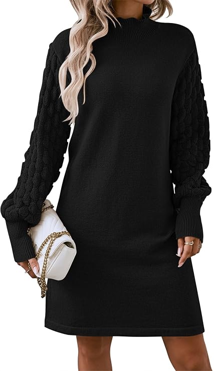 HUUSA Winter Dresses for Women 2025 Fall Puff Long Sleeve Sweaters Loose Mock Neck Outfits Sexy Mini Dress Going Out