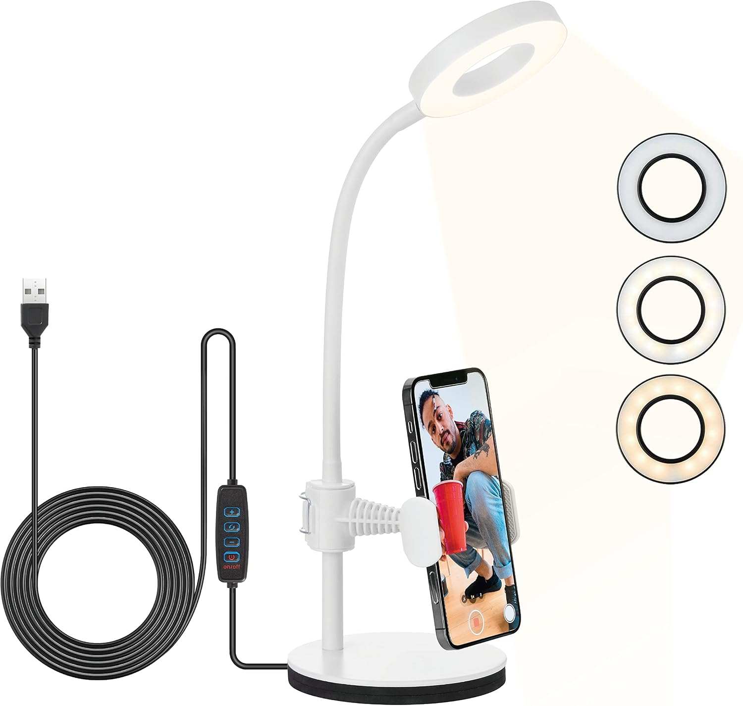 ONEXT LED Ring Desk Lamp Selfie Light with Phone Holder Flexible Gooseneck 3-Light Modes, 10 Brightness Levels, for Reading nightlight Live Streaming Makeup Video Conference