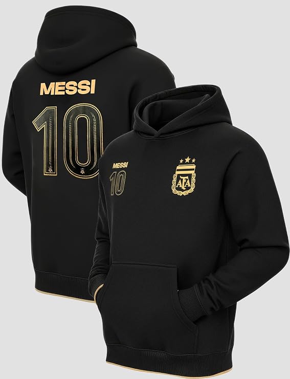 Icon Sports Kids Lionel Messi #10 Argentina AFA Black & Gold Pullover Hoodie - Youth Sizes - Football Soccer Sweatshirt